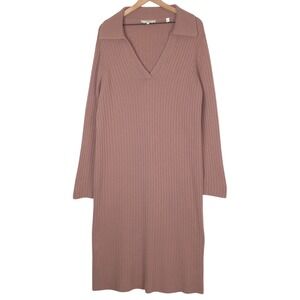 VINCE Wool Cashmere Polo Collar Knit Midi Ribbed Sweater Dress Sz XL Mauve L/S